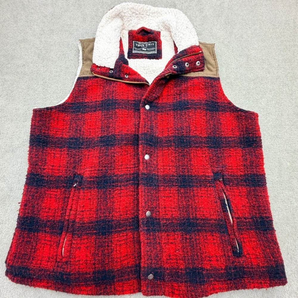 True Grit Vest Men Large Red Good Buffalo Plaid Sherpa Lined Full Zip Snap Front